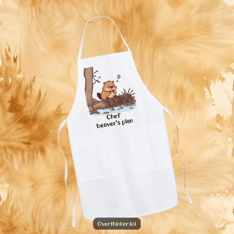 Funny apron, an overthinking beaver trying to build a dam with many tiny twigs, suitable for kitchen activities with a humorous twist.