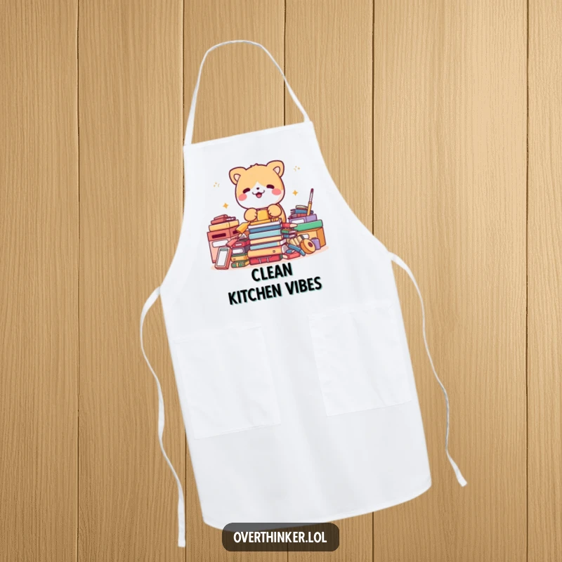 Funny apron design of a cute animal character intensely organizing items that are already perfectly neat, perfect for a tidy cook.