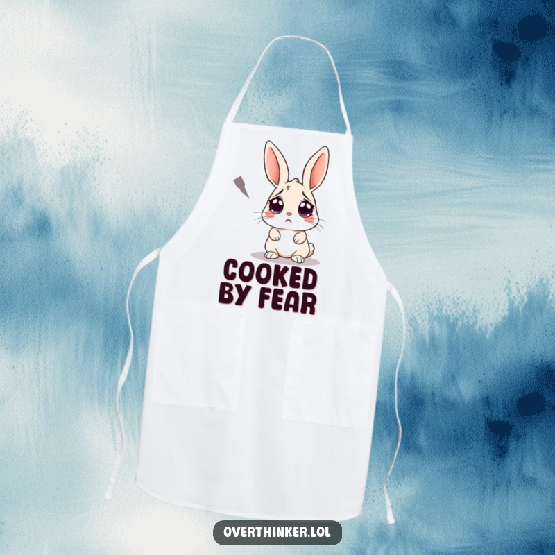 Funny apron with a rabbit sporting worried eyes, staring nervously at a dark shadow. Humorous and practical for kitchen protection.