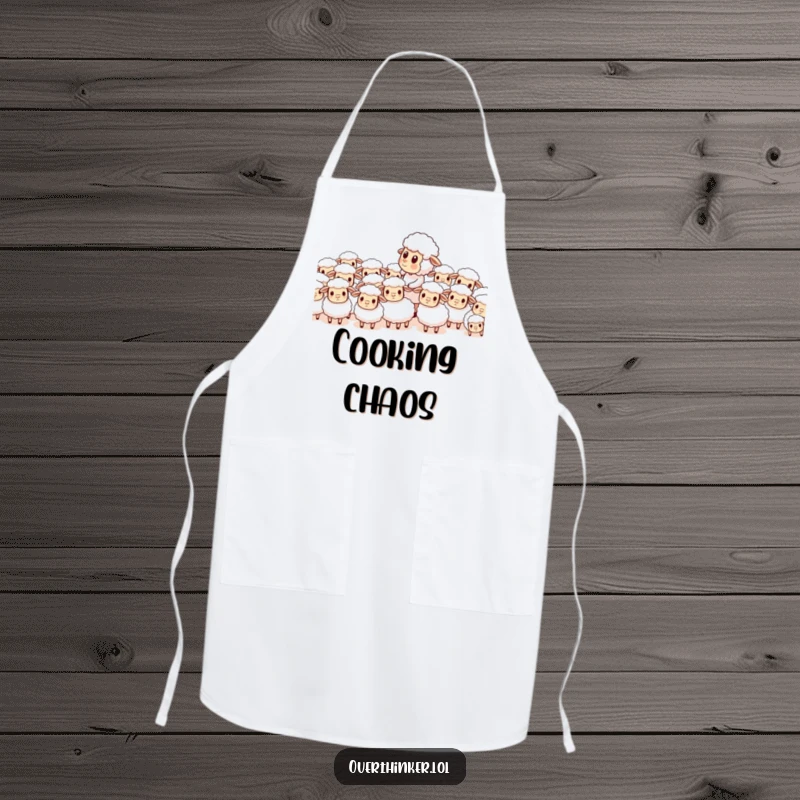 Funny apron featuring a sheep character trying to count a herd of confused sheep, symbolizing kitchen chaos and effort.