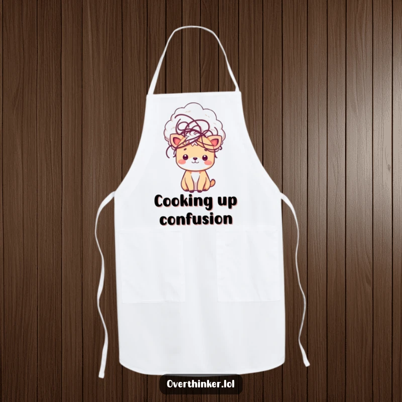 Funny kawaii apron with a cute animal character surrounded by tangled thoughts, perfect for the creative chef who juggles many ideas.