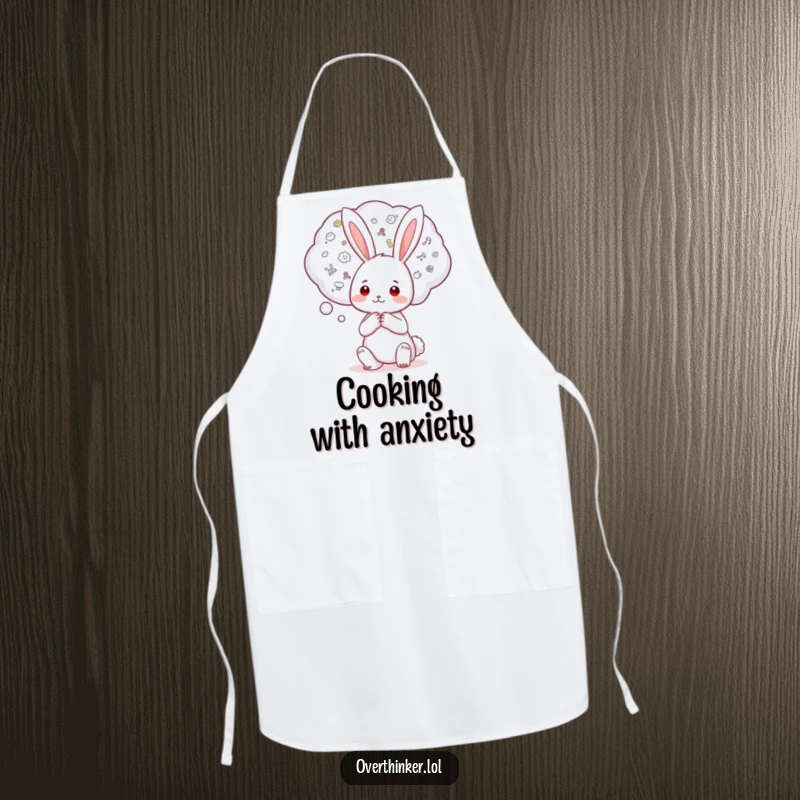 Funny Kawaii rabbit apron with a character holding a giant thought bubble brimming with tiny worries, adding a touch of humor to cooking.