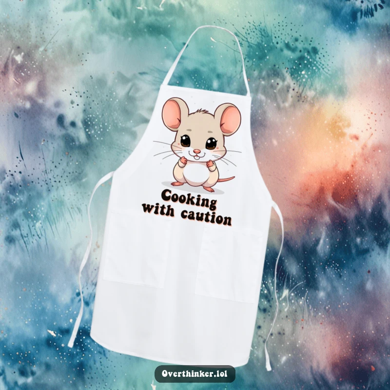 Funny apron with a mouse whose eyes dart around, sensing imagined dangers, perfect for kitchen safety.