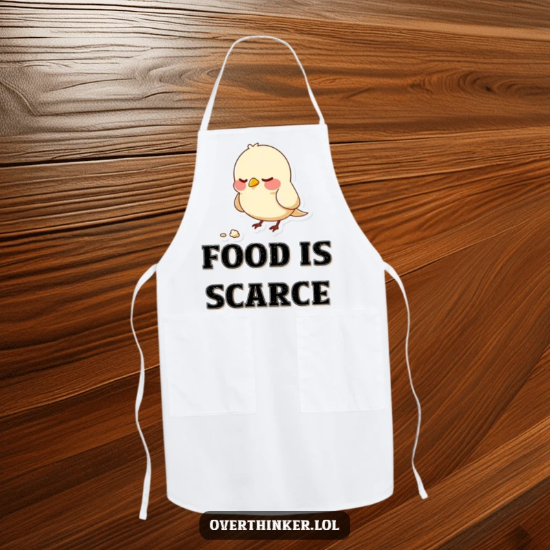 Funny apron featuring a bird character nervously pecking at a single crumb, symbolizing kitchen anxiety and focused attention.