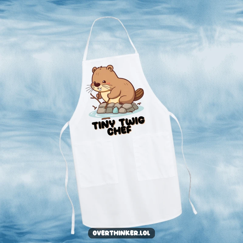 Funny apron with a beaver using tiny twigs to build a dam, perfect for adding humor to kitchen tasks.