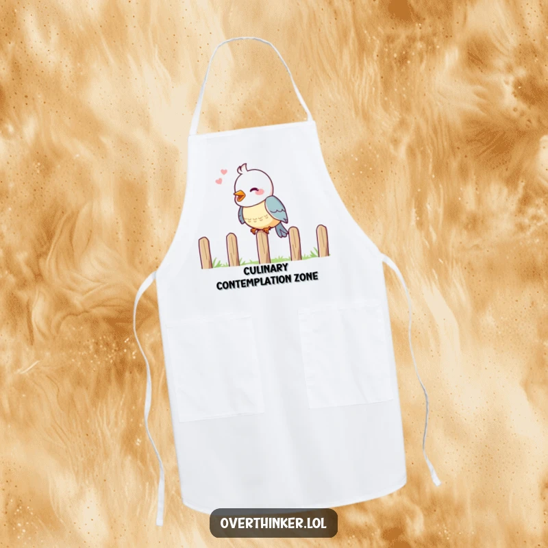 Funny kitchen apron featuring a cheerful bird on a fence, head tilted in deep thought.