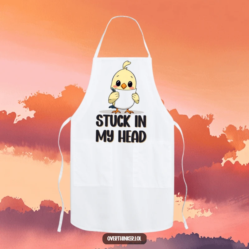 Funny apron with an overthinking bird holding a pen, contemplating a blank canvas, ready to cook up a storm.