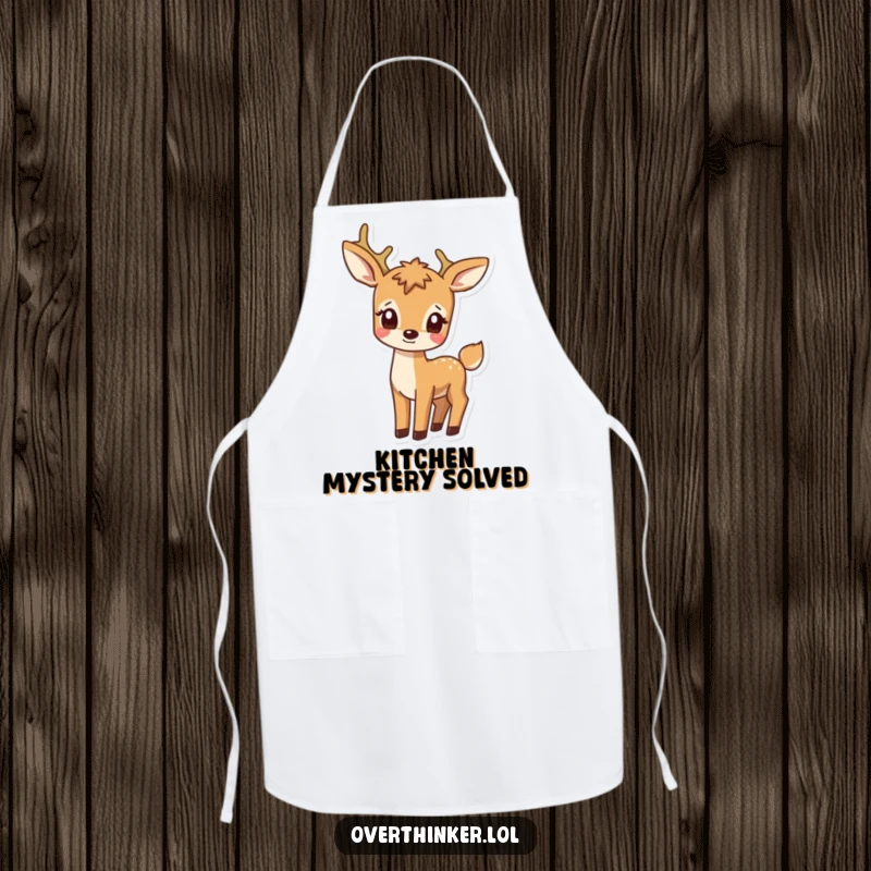 Funny apron adorned with a deer character looking confused while observing its own tail, adding humor to culinary tasks.
