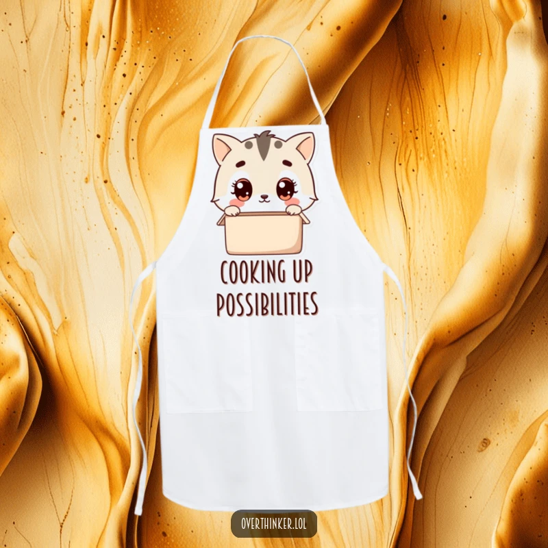 Funny kawaii apron with a cute animal character wide-eyed, pondering an empty box, perfect for the curious chef.