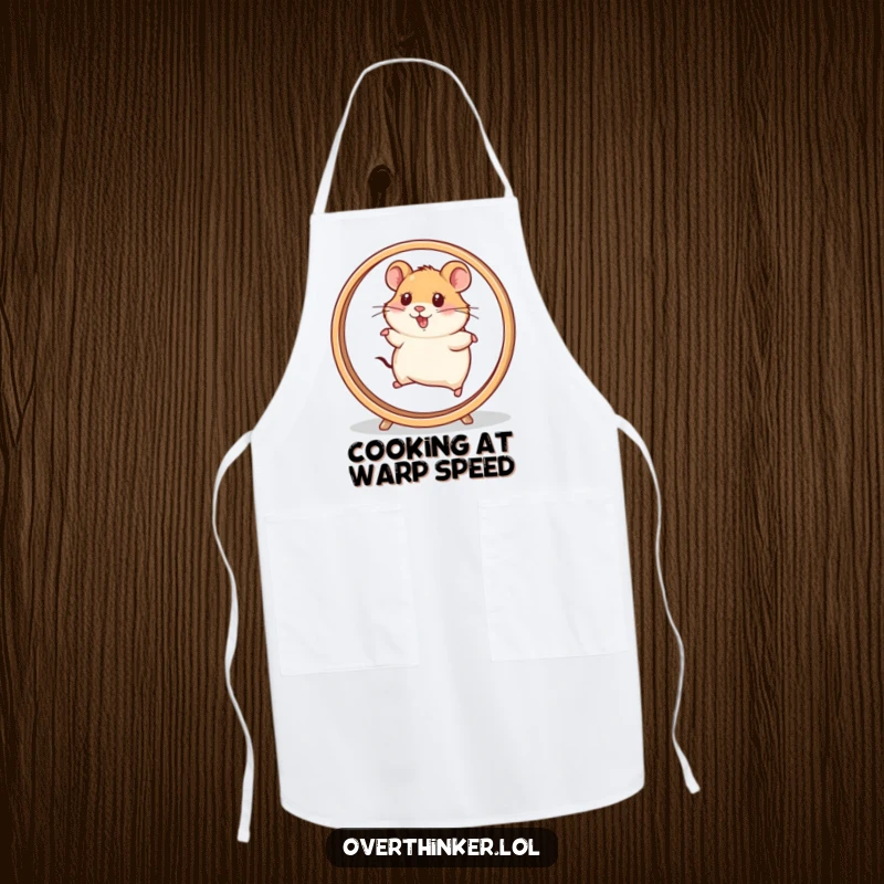 Funny Hamster Apron showing a hamster character running at full throttle on a fast-spinning wheel. Humorous kitchen accessory.