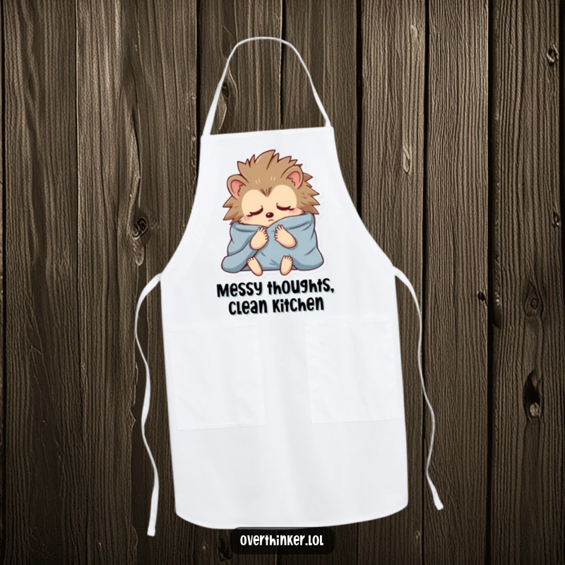 Funny apron with a hedgehog wrapped in blankets, symbolizing anxious contemplation, perfect for kitchen tasks.