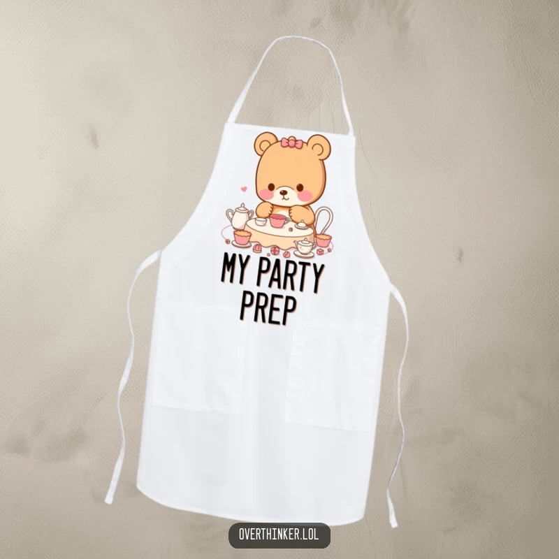 Funny Kawaii bear apron showing a meticulous character planning a tea party, perfect for adding a touch of humor to kitchen activities.