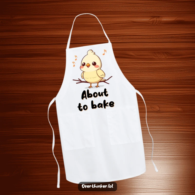 Funny Kawaii bird apron, a cute chef character mid-song, hilariously forgetting the ending, infusing humor into cooking.
