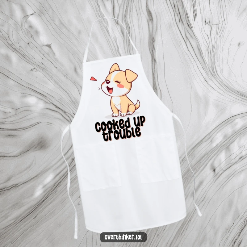 Funny Kawaii dog apron, a cute chef character barking at its own shadow, infusing humor into kitchen tasks.