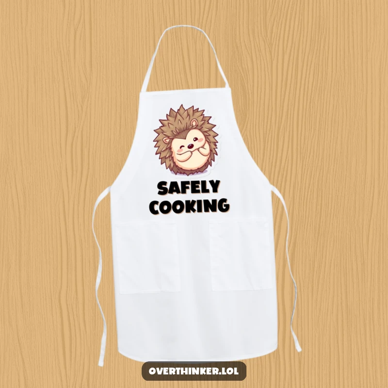 Funny Kawaii hedgehog apron, a cute chef character curling into a ball then peeking out inquisitively, infusing humor into kitchen tasks.