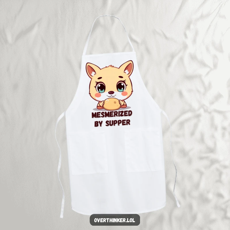 Funny apron design of an animal character with large, staring eyes, looking intently at a common kitchen utensil or item.