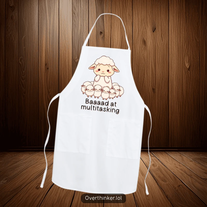 Funny apron showing an overwhelmed sheep character counting too many sheep, perfect for kitchen use.
