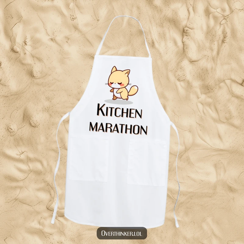 Funny apron showing an animal character nervously pacing, ready to handle kitchen tasks with thoughtful energy.