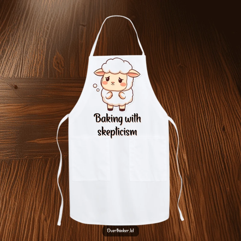 Funny apron with a sheep having a furrowed brow, questioning the shape of a cloud, perfect for kitchen tasks.