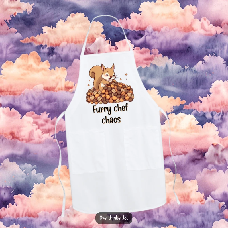 Funny apron with a cute squirrel looking flustered, surrounded by a huge pile of nuts. Ideal for cooking or crafting, a humorous and practical gift.