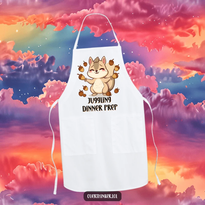 Funny apron showing a smiling but stressed squirrel character juggling numerous acorns, perfect for kitchen multitasking.