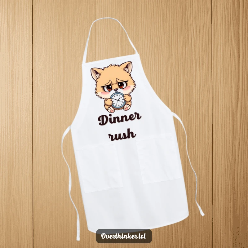 Funny apron showing a furry animal character with stressed eyes, glancing at a tiny watch, ready for kitchen duties.