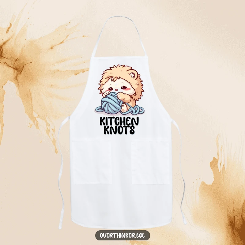 Funny apron showing a fluffy creature hilariously stuck in a ball of yarn, ready to protect clothes during crafting.