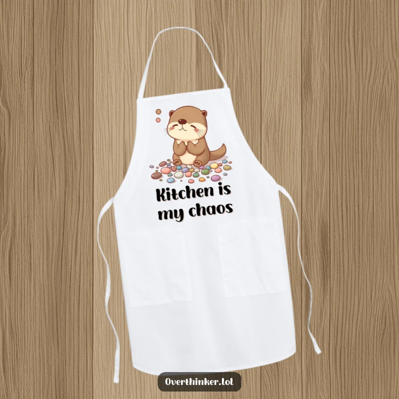 Funny apron illustrating an overthinking otter humorously organizing pebbles, designed for the meticulous chef who enjoys a laugh while cooking.