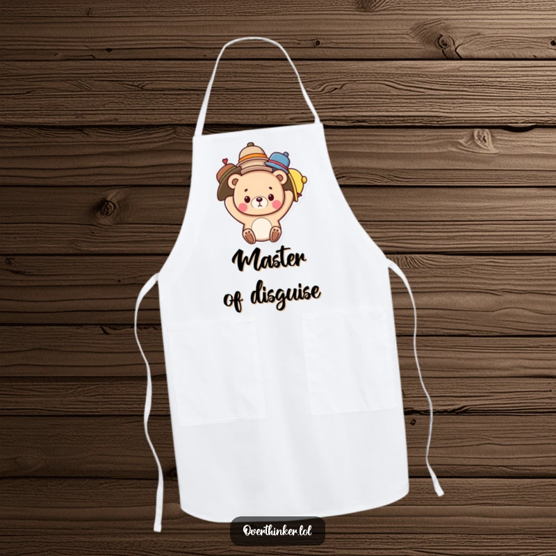 Funny apron with a cute bear character attempting to balance an array of hats on its head while cooking, a humorous kitchen essential.