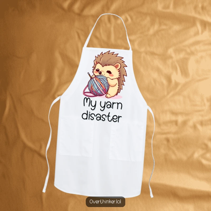 Funny Kawaii hedgehog apron showing a flustered character tangled in yarn, perfect for adding a touch of humor to kitchen activities.