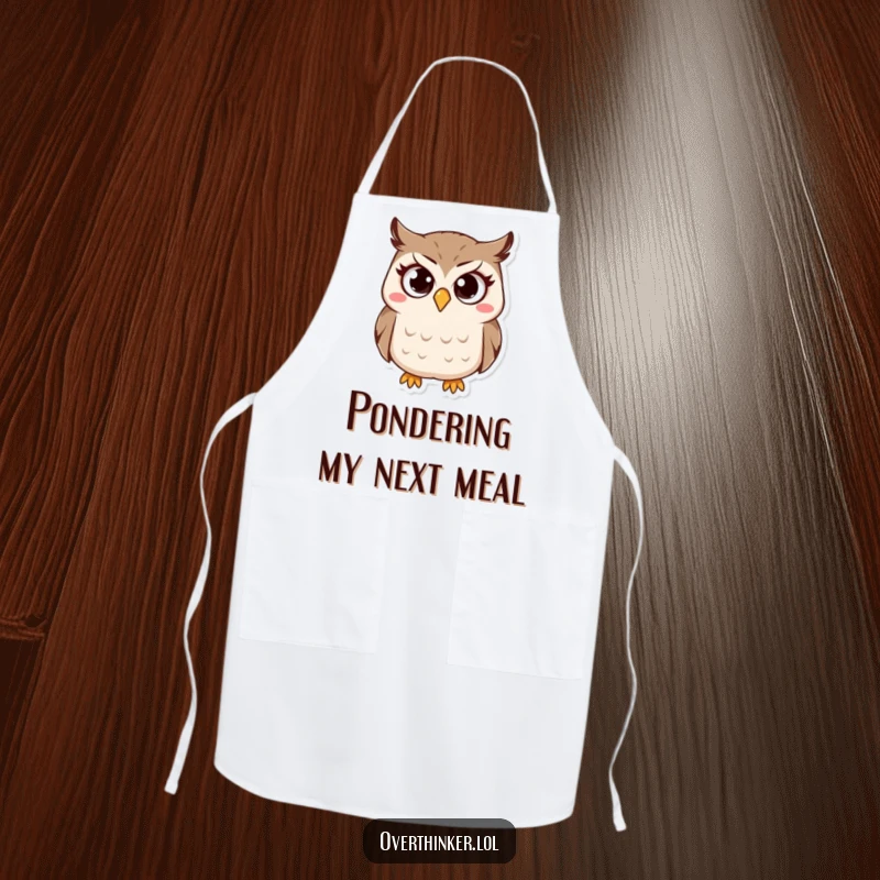 Funny Owl Apron showing a small owl character with wide, questioning eyes and a furrowed brow, ready for kitchen duty. Humorous kitchenware.