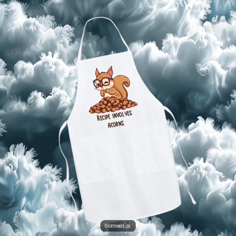 Funny Overthinking Squirrel Apron: Squirrel with glasses counting acorns, bringing detail-oriented humor to the kitchen.