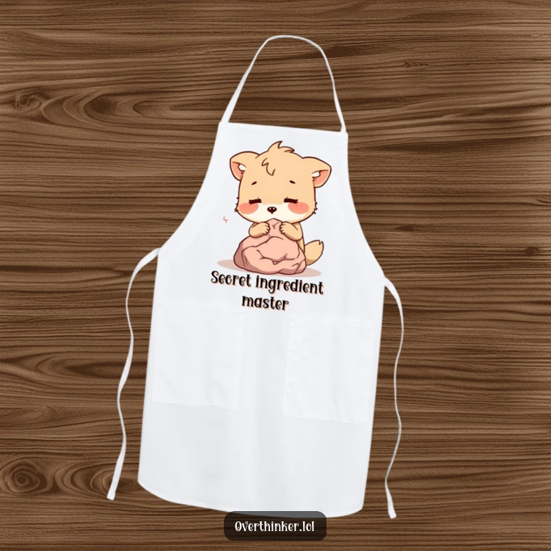 Funny Apron: An animal character shares private secrets with a small, silent rock, adding humor to kitchen chores.