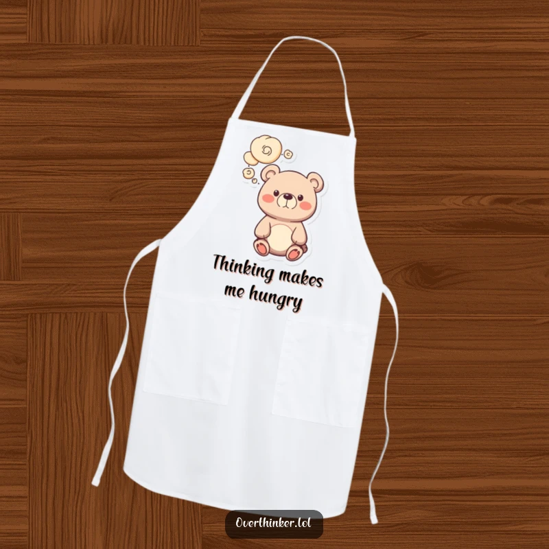 Funny bear apron with a cute character and swirling thought bubbles, ideal for a humorous kitchen experience. Great gift.