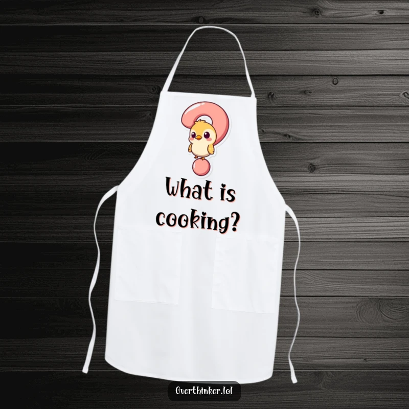 Funny apron with a bird stuck in a question mark, perfect for adding humor and curiosity to kitchen tasks.