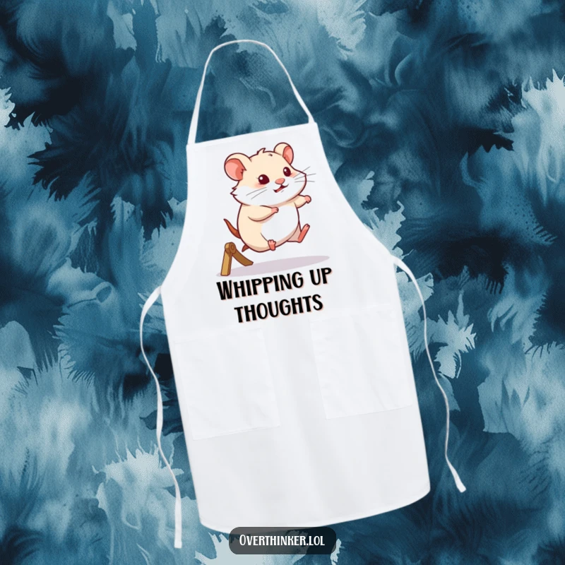 Funny apron with a hamster running on a wheel, looking thoughtful, perfect for adding humor to kitchen activities.