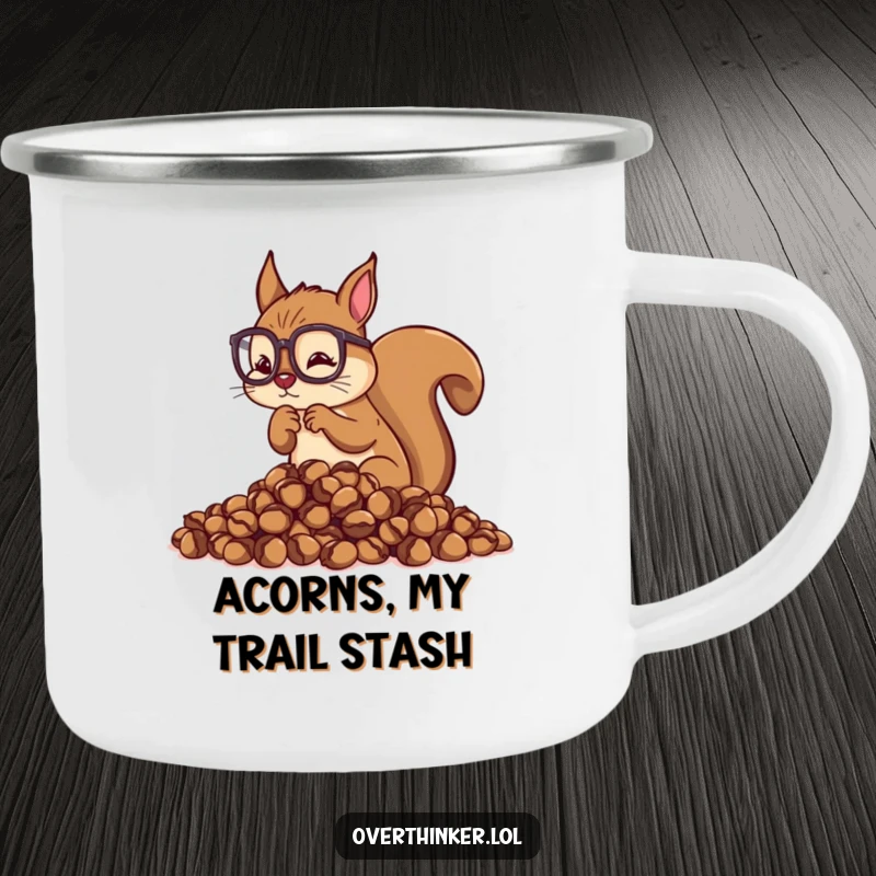 Funny Overthinking Squirrel Camping Mug: Squirrel with glasses counting acorns, designed for contemplative outdoor moments.