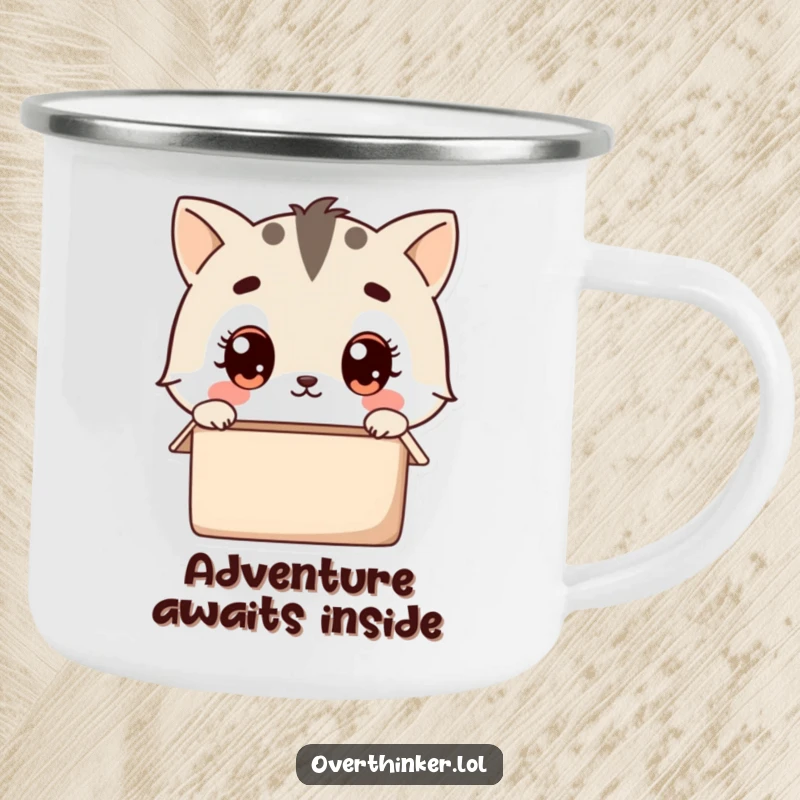 Funny kawaii camping mug with a cute animal character wide-eyed, pondering an empty box, ideal for outdoor contemplation and warm drinks.