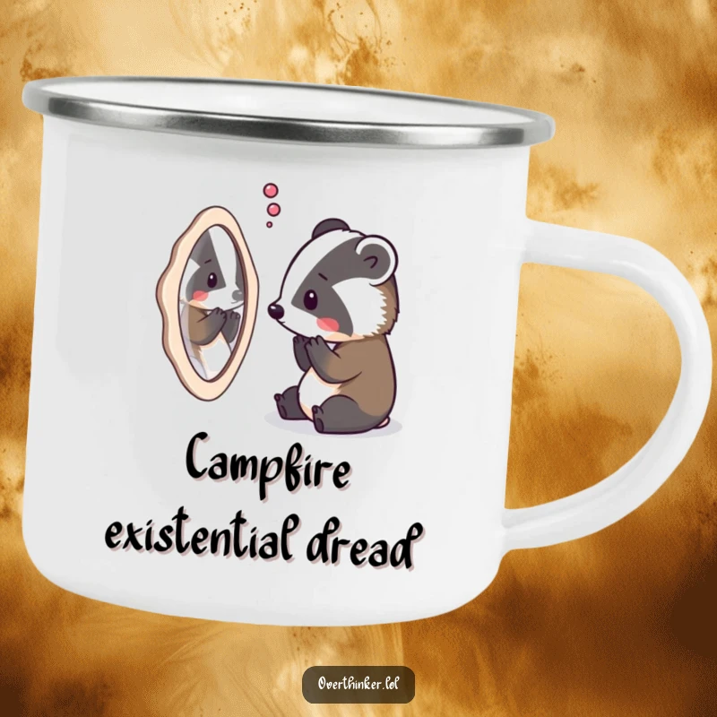 Funny camping mug with an overthinking badger staring at its reflection, contemplating its existence under the stars.