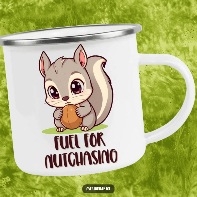 Funny Kawaii squirrel camping mug featuring large eyes intensely focused on a nut, perfect for outdoor enthusiasts who appreciate humor.