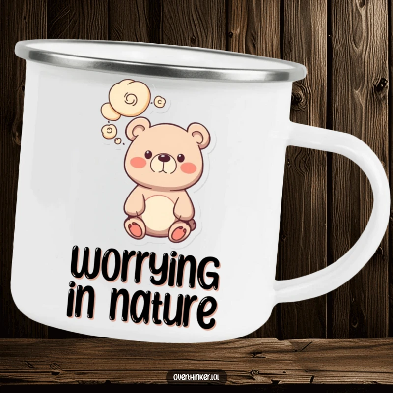 Funny bear camping mug with a cute character lost in thought, designed for humorous outdoor enjoyment. Great gift.