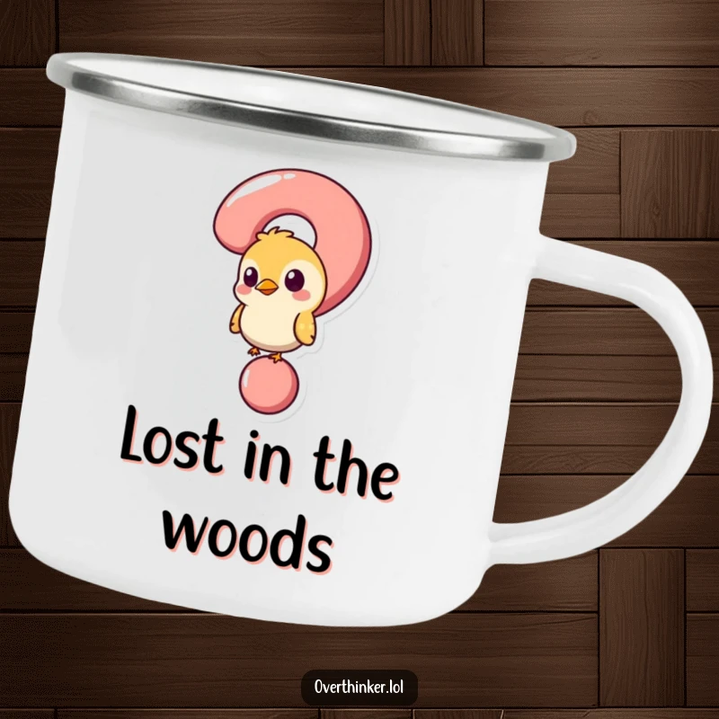 Funny camping mug with a bird stuck in a question mark, bringing humor and a sense of wonder to outdoor trips.