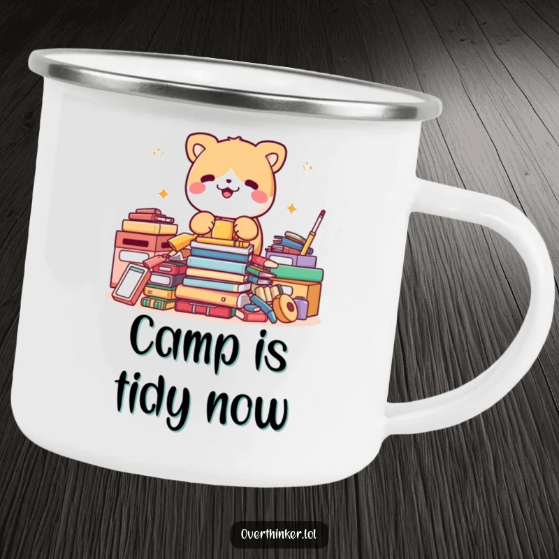 Funny enamel camping mug with a cute animal character frantically organizing items that are already perfectly neat, for outdoor tidiness.