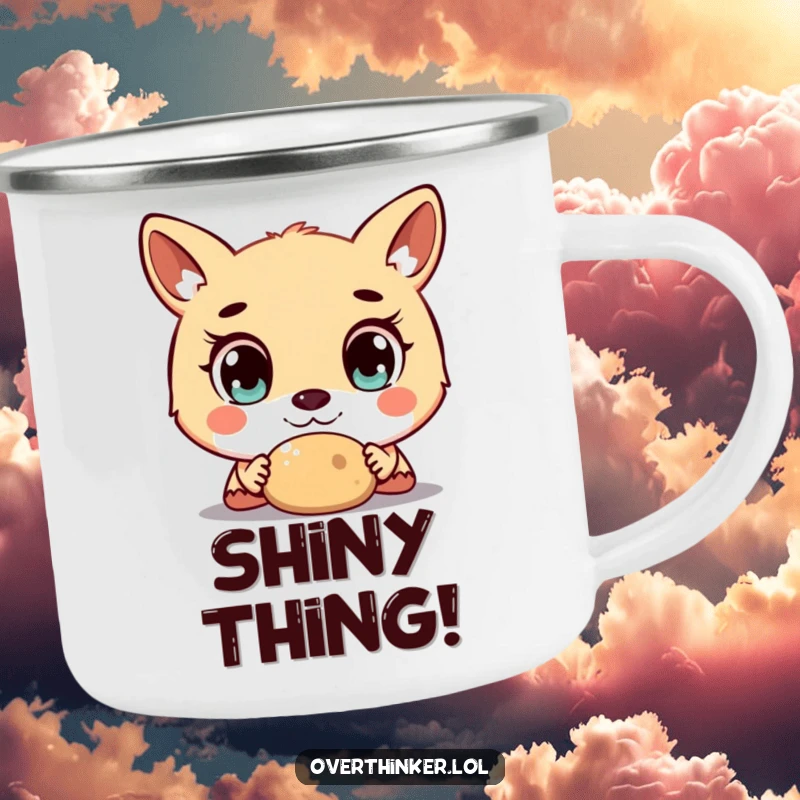 Funny enamel camping mug depicting an animal with large, surprised eyes staring intensely at a small, simple object outdoors.