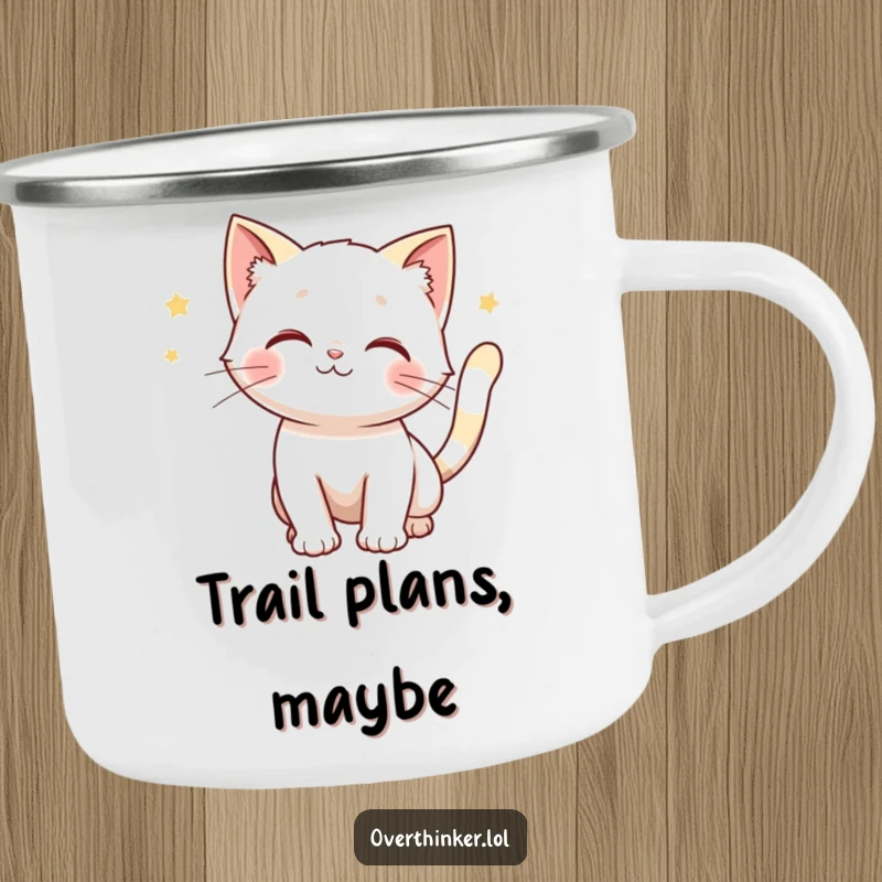 Funny camping mug featuring a cat with a twitching tail, anticipating multiple outcomes, perfect for outdoor drinks.