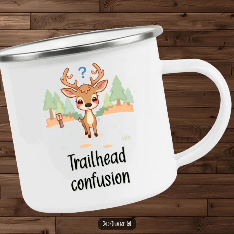 Funny camping mug with an overthinking deer looking perplexed at a fork in the path, ready for any trail.