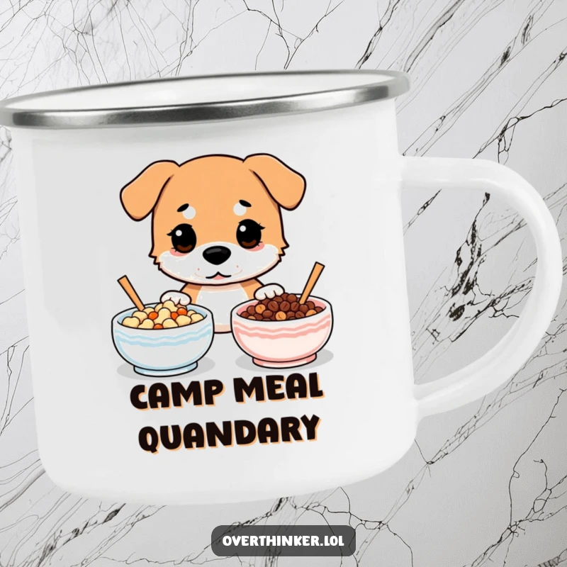 Funny camping mug showing a dog looking confused between two identical bowls of food.