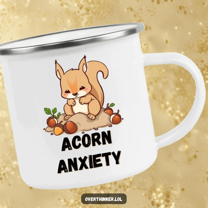 Funny Camping Mug: A squirrel burying and digging acorns humorously depicts forest frenzy and anxiety for outdoor enthusiasts.