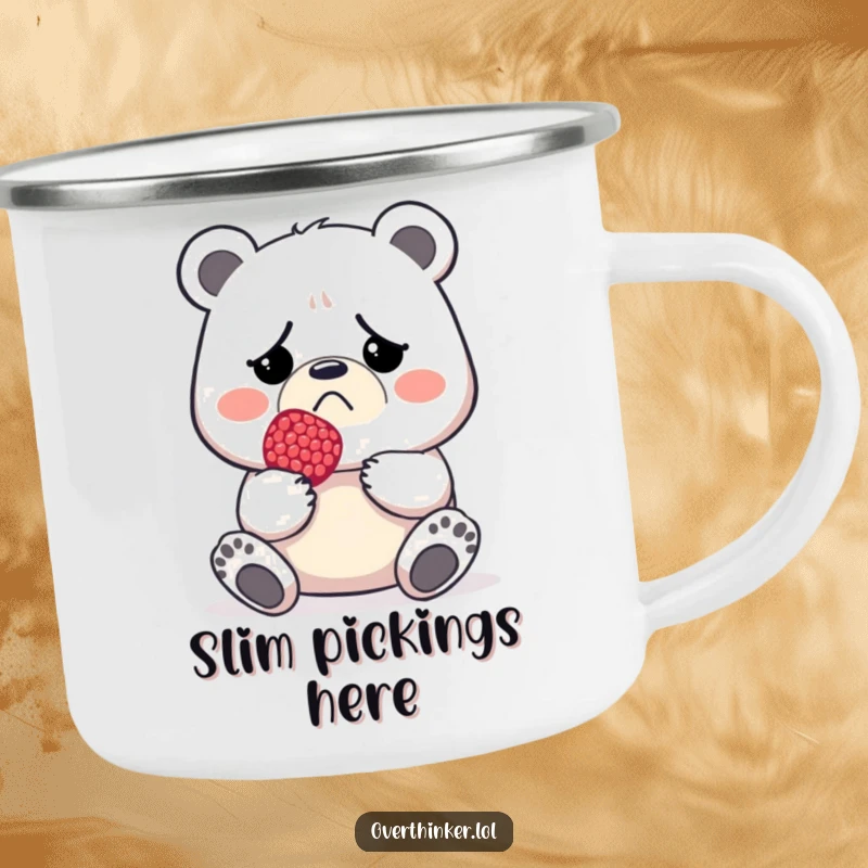 Funny camping mug with a frowning bear holding a tiny berry, for a low-key outdoor vibe.
