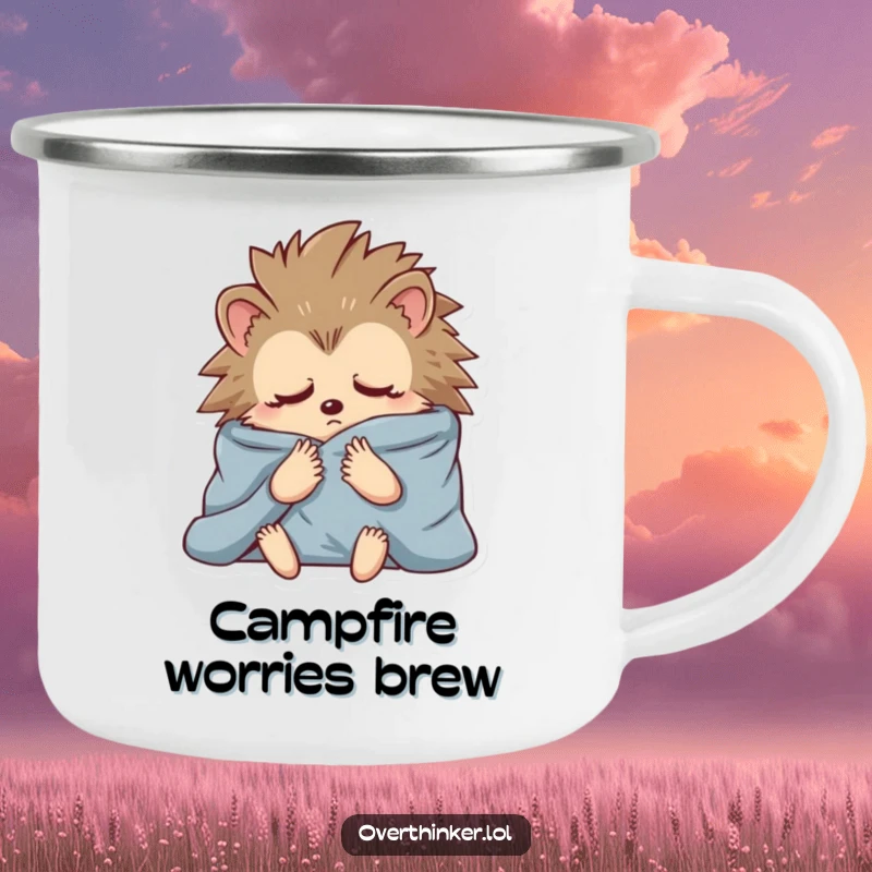 Funny camping mug featuring a hedgehog wrapped in blankets, deep in anxious contemplation, perfect for outdoor drinks.